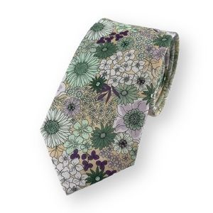Men’s Cream w/ Eucalyptus Green Retro Floral Necktie Slim 2.5” Width Wedding Tie